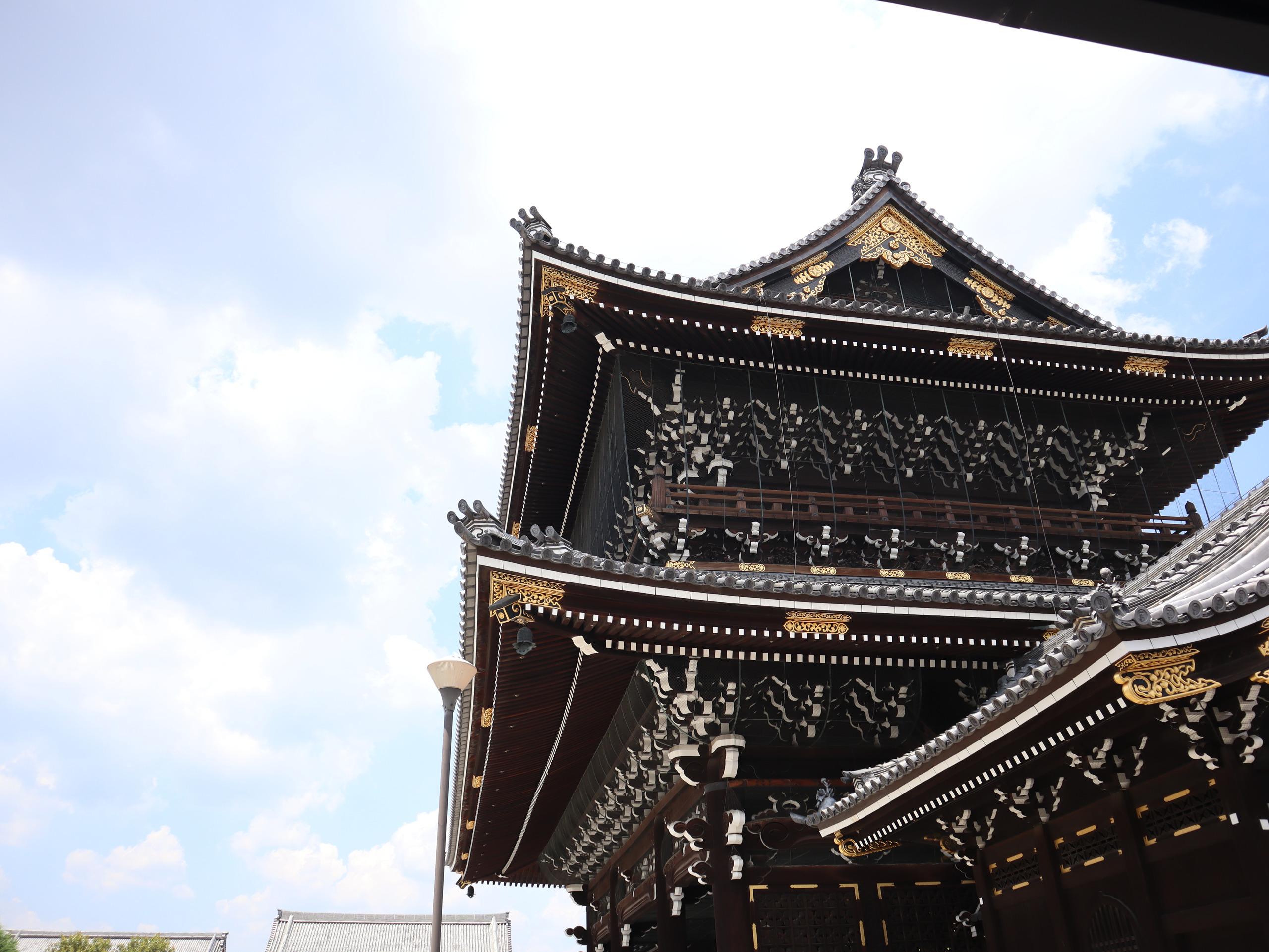 仰望东本愿寺门楼，层叠的斗栱、灰瓦与金色装饰映着蓝天