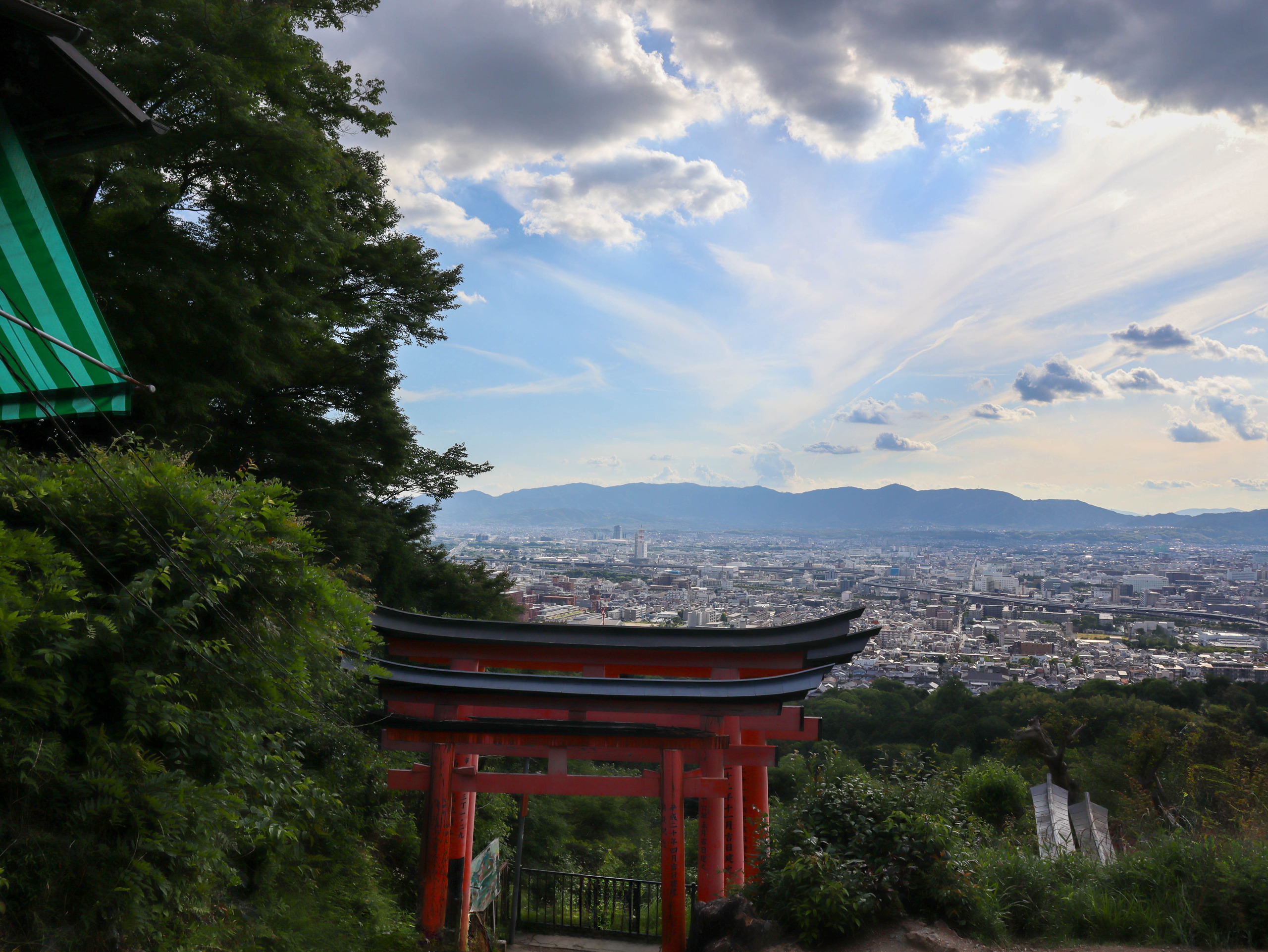 稻荷山途中从树间眺望京都，近处露出红色鸟居