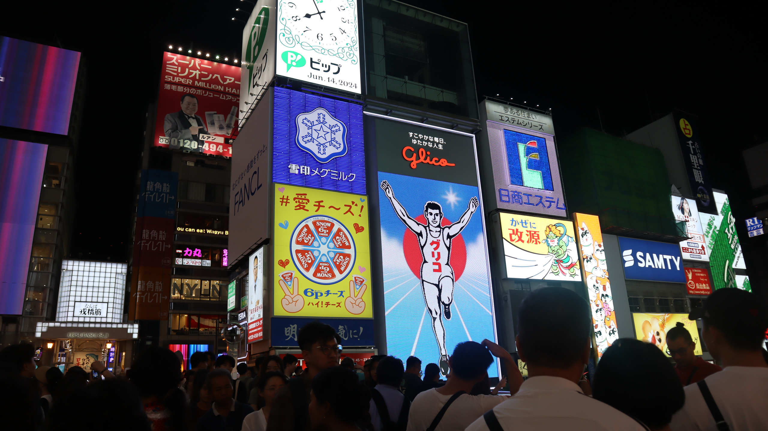 夜色中的道顿堀固力果跑者灯牌,桥上挤满了人